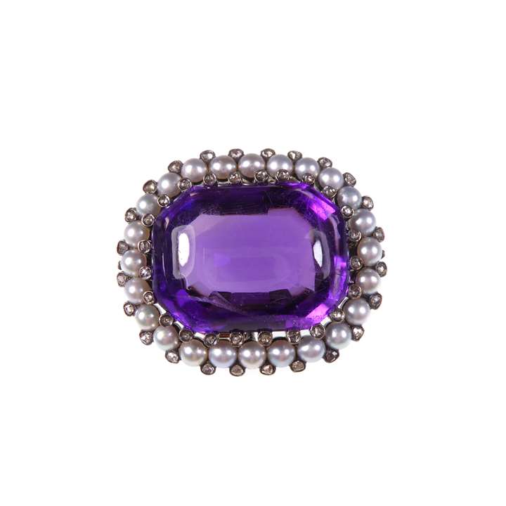 Amethyst, pearl and diamond oblong cluster brooch-pendant, with a large buff-topped amethyst
